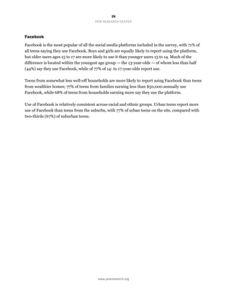 26
PEW RESEARCH CENTER
www.pewresearch.org
Facebook
Facebook is the most popular of all the social media platforms included in the survey, with 71% of
all teens saying they use Facebook. Boys and girls are equally likely to report using the platform,
but older users ages 15 to 17 are more likely to use it than younger users 13 to 14. Much of the
difference is located within the youngest age group — the 13-year-olds — of whom less than half
(44%) say they use Facebook, while of 77% of 14- to 17-year-olds report use.
Teens from somewhat less well-off households are more likely to report using Facebook than teens
from wealthier homes; 77% of teens from families earning less than $50,000 annually use
Facebook, while 68% of teens from households earning more say they use the platform.
Use of Facebook is relatively consistent across racial and ethnic groups. Urban teens report more
use of Facebook than teens from the suburbs, with 77% of urban teens on the site, compared with
two-thirds (67%) of suburban teens.
 