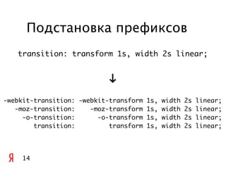 Подстановка префиксов
   transition: transform 1s, width 2s linear;


                           "
-webkit-transition: -webkit-transform 1s, width 2s linear;
   -moz-transition:    -moz-transform 1s, width 2s linear;
     -o-transition:      -o-transform 1s, width 2s linear;
        transition:         transform 1s, width 2s linear;




    14
 
