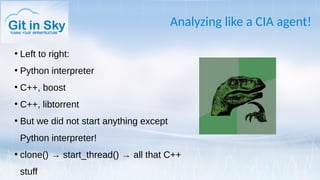 Analyzing like a CIA agent!
●
Left to right:
●
Python interpreter
●
C++, boost
●
C++, libtorrent
●
But we did not start anything except
Python interpreter!
●
clone() → start_thread() → all that C++
stuff
 