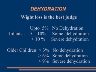 DEHYDRATION Wight loss is the best judge Upto  5%  No Dehydration Infants -  5 – 10%  Some  dehydration > 10 %  Severe dehydration Older Children  > 3%  No dehydration > 6%  Some dehydration > 9%  Severe dehydration 