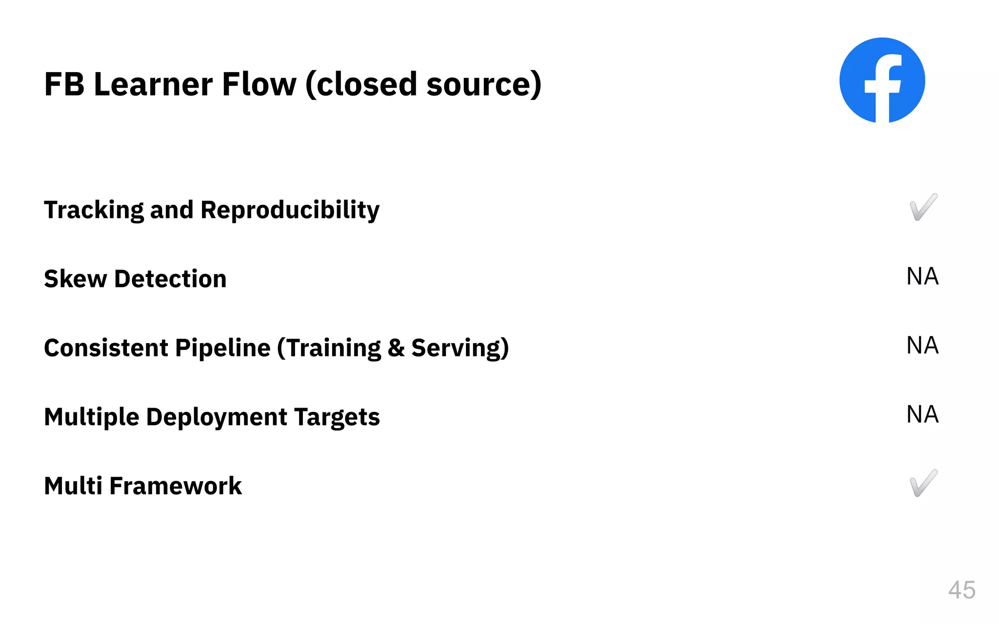 FB Learner Flow (closed source)
45
✅
Tracking and Reproducibility
Skew Detection
Consistent Pipeline (Training & Serving)
Multiple Deployment Targets
Multi Framework
✅
NA
NA
NA
 