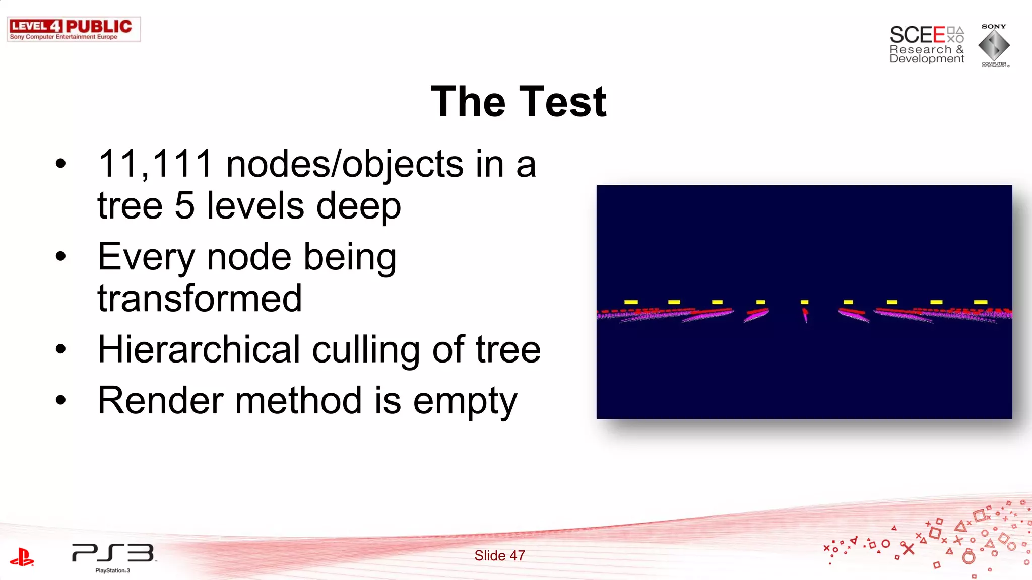 The Test
• 11,111 nodes/objects in a
  tree 5 levels deep
• Every node being
  transformed
• Hierarchical culling of tree
• Render method is empty


                         Slide 47
 