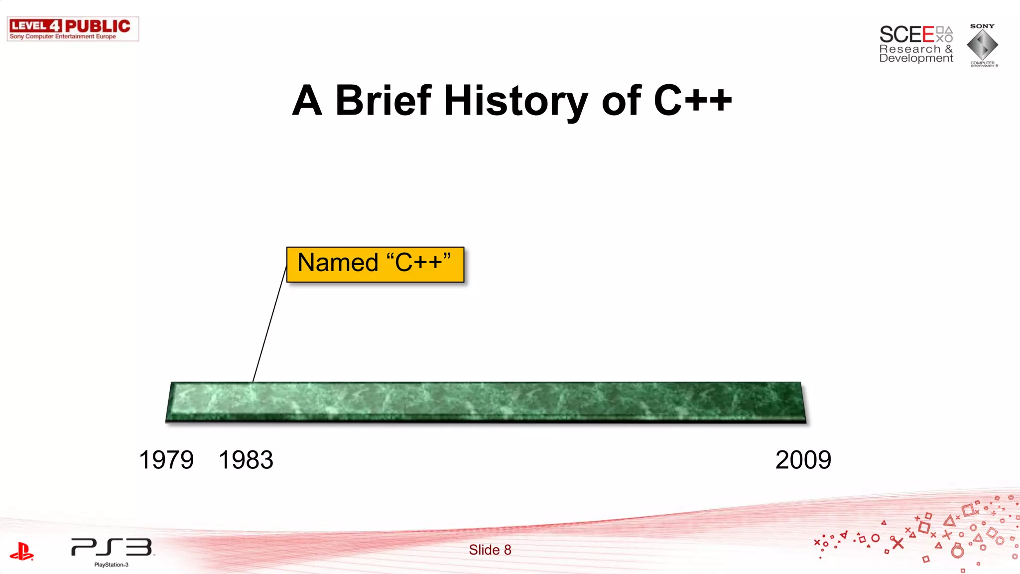 A Brief History of C++


            Named “C++”




1979 1983                            2009


                          Slide 8
 