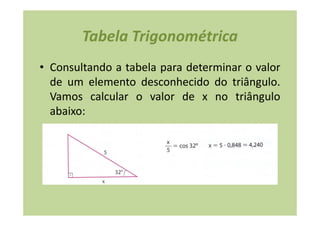 Tabela Trigonométrica
• Consultando a tabela para determinar o valor
  de um elemento desconhecido do triângulo.
  Vamos calcular o valor de x no triângulo
  abaixo:
 