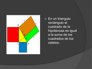 En un triangulo rectángulo el cuadrado de la hipotenusa es igual a la suma de los cuadrados de los catetos.