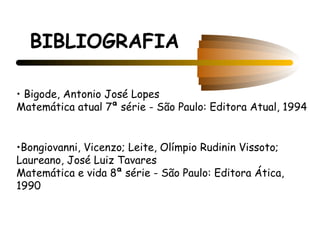 BIBLIOGRAFIA

• Bigode, Antonio José Lopes
Matemática atual 7ª série - São Paulo: Editora Atual, 1994


•Bongiovanni, Vicenzo; Leite, Olímpio Rudinin Vissoto;
Laureano, José Luiz Tavares
Matemática e vida 8ª série - São Paulo: Editora Ática,
1990
 