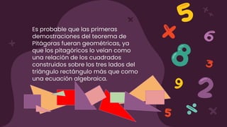 CREDITS: This presentation template was created by Slidesgo,
including icons by Flaticon, and infographics & images by Freepik
Es probable que las primeras
demostraciones del teorema de
Pitágoras fueran geométricas, ya
que los pitagóricos lo veían como
una relación de los cuadrados
construidos sobre los tres lados del
triángulo rectángulo más que como
una ecuación algebraica.
 