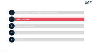 Introduction to VEF – The Emerging Market Fintech Investor
1
VEF’s Portfolio
2
Investment Opportunities
3
ESG
4
Appendix
5
13
 