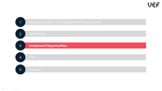 Introduction to VEF – The Emerging Market Fintech Investor
1
VEF’s Portfolio
2
Investment Opportunities
3
ESG
4
Appendix
5
37
 