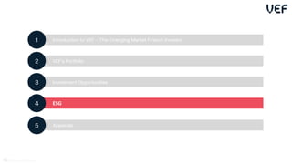 Introduction to VEF – The Emerging Market Fintech Investor
1
VEF’s Portfolio
2
Investment Opportunities
3
ESG
4
Appendix
5
42
 