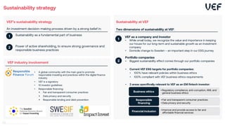 VEF’s sustainability strategy
An investment decision-making process driven by a strong belief in:
Sustainability as a fundamental part of business
Power of active shareholding, to ensure strong governance and
responsible business practices
Sustainability strategy
Portfolio companies
• Biggest sustainability effect comes through our portfolio companies
• Current VEF ESG targets for portfolio companies:
• 100% have relevant policies within business ethics
• 100% compliant with VEF business ethics requirements
• 3 areas specifically relevant to VEF as an EM fintech investor:
VEF industry involvement
• A global community with the main goal to promote
responsible investing and practices within the digital finance
industry
• VEF is a signatory
• 10 investor guidelines
• Responsible financing:
§ Fair and transparent consumer practices
§ Data privacy and security
§ Responsible lending and debt prevention
•Regulatory compliance, anti-corruption, AML and
general business ethics
Business ethics
•Fair and transparent consumer practices
•Data privacy and security
Responsible
financing
•Improve and provide access to fair and
affordable financial services
Financial inclusion
1
2
Sustainability at VEF
Two dimensions of sustainability at VEF:
VEF as a company and investor
• While small today, we recognize the value and importance in keeping
our house for our long-term and sustainable growth as an investment
company
• Domicile change to Sweden – an important step in our ESG journey
1
2
44
 