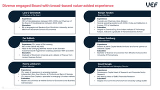 Diverse engaged Board with broad-based value-added experience
Lars O Grönstedt
Chairman of the Board
Experience:
• CEO of Handelsbanken between 2001–2006, and Chairman of
the Board of Handelsbanken between 2006–2008
Education:
• BA in languages and literature from Stockholm University, and an
MBA from Stockholm School of Economics
David Nangle
Board Member and Managing Director
Experience:
• Renaissance Capital Head of Research and Financials Sector
Research
• ING Barings Head of EMEA Financials Research
Education:
• Degree in B. Comm Intl. (French) from University College Dublin
Per Brillioth
Board Member
Experience: 22+ years of EM investing
• MD of VNV Global AB (VNV)
• Head of the Emerging Markets section at the Swedish
investment bank Hagströmer & Qviberg between 1994 and 2000
Education:
• Graduate of Stockholm University and a Master of Finance from
London Business School
Ranjan Tandon
Board Member
Experience:
• Founder and Chairman, Libra Advisors
• Several operating positions with DCM in India and Halliburton in
Europe; CFO of InterMarine
• Education:
• Degree in Chemical Eng. from Indian Institute of Technology
Kanpur, India and a graduate of Harvard Business School
Allison Goldberg
Board Member
Experience:
• Partner at Saints Capital Media Ventures and former partner at
Advancit Capital
Education:
• Bachelor of Science in Economics from Wharton School at the
University of Pennsylvania
Hanna Loikkanen
Board Member
Experience:
• 25+ years of experience in emerging markets
• Independent Non-Exec Director at Finnfund and Bank of Georgia
• 13+ years at East Capital, a specialist in emerging & frontier markets
Education:
• Master of Economics at Helsinki School of Economics and Business
Administration
58
 