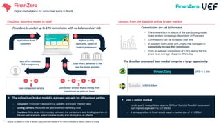 FinanZero
Digital marketplace for consumer loans in Brazil
FinaZero: Business model in brief Lessons from the Swedish online broker market
1 2
Loan comparison service
Best offers available,
full transparency
Highest quality
applicants, based on
lenders preferences
Loan offers, delivered in the
way the lender provides
1 2
3
4
Applications from
customers
1 2 3 4
Loan broker service. Makes money from
commission on paid-out loans
FinanZero to pocket up to 14% commission with no balance sheet risk
§ The online loan broker model is a proven win-win for all involved parties
- Consumers: Improved transparency, usability and lower interest rates
- Lending partners: Reduced risk and lowered marketing cost
- FinanZero: Acts as an intermediary between the consumers and lending partners in
this win-win scenario, which creates loyalty and strong lock-in effects
§ USD 4 billion market
- Lendo yearly renegotiates approx. 3.4% of the total Swedish unsecured
loan market, equivalent to 0.9 USDbn
- A similar position in Brazil would equal a market size of 4.1 USDbn1
1
2 USD 0.9 bln
USD 4.1 bln
‒ The inherent lock-in effects of the loan broking model
make lenders increasingly dependent on Finanzero
‒ Commissions can be increased over time
‒ In Sweden, both Lendo and Zmarta has managed to
substantially increase their commissions
‒ From an average commission of 1.25% during the first
years to an average of approx. 6% today
Commissions are set to increase
The Brazilian unsecured loan market comprise a large opportunity
Source: (1) Based on 3.4% of Brazil’s unsecured loan market of 119 USDbn (448 BRLbn, Banco Central Do Brasil).
67
 