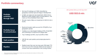 Portfolio
evolution
through 3Q21
• We have 15 holdings as of 3Q21, diversified by
geography, business type and stage of development.
• In 3Q21, we made one new investment: USD 10 mln in
Blackbuck, India’s largest online trucking platform. This
marks our first embedded-fintech play.
• We also made a follow-on investment of USD 9.3 mln in
Konfio.
Portfolio focus
& concentration
• Brazil and broader LatAm account for 37%/62% of our
geographic spread.
• Creditas is our clear largest holding at 31% of total NAV
and continuing to compound off a larger base.
• Top 2 holdings are 55% / top 5 are 69% of NAV.
Cash position
• USD 98 mln cash position post private placement in
Aug‘21.
Pipeline
• Pipeline busier then ever (we have seen 258 deals YTD
Oct-21 vis-à-vis 131 in full-year 2020) and we expect to
convert more new investments in the coming months.
Portfolio commentary
30,5%
24,5%
5,3%
5,2%
3,3%
2,5%
2,2%
2,2%
6,8%
17,5%
Cash & liquid
assets
VEF portfolio NAV as of 30-Sep-2021
USD 553.6 mln
Others
(<2% of NAV)1
1 Others include investments in Magnetis, Blackbuck, Rupeek, Finja, Xerpa, Abhi and Minu which contribute <2% of NAV as of 3Q21
2 Unadjusted for ~$1m of other net liabilities
7
 