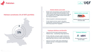 Pakistan
• World’s sixth most populous country with 130 million
mobile users but large unbanked population (only
~20% of adults have bank accounts) where as little as
2% of adults and 7% of SMEs receive formal credit
from financial institutions
• Online ecosystem is witnessing hypergrowth
• A cash-based economy ready for disruption:
progressively moving towards a cashless economy
with strong support from regulators
Mobile Wallet and Credit
VEF
Investments
• There are 61 mln formally employed people in
Pakistan today – representing a large opportunity
• On the credit side, consumer credit is minimal and
currently stands at less 2% of GDP, excluding asset
finance like auto, home, etc. which is also minuscule
• There are only 2mln credit cards outstanding in
Pakistan and only 1 in 20 people has ever taken
formal credit
Employee Wellness and Benefits
73
Pakistan constitutes 1% of VEF’s portfolio
1%
Mobile Wallet and Credit
Serving unbanked consumers and
merchants alike
Employee Wellness
Provides instant access to
earned wages
 