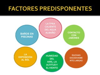 LA TPRA
             CALIENTE
             DEL AGUA
 BAÑOS EN     ALBAÑO     CONTACTO
                            CON
 PISCINAS                 JABONES




    LA                      DUCHAS
             HUMEDAD
EXPOSICIÓN                EXCESIVAME
  AL SOL        DEL
                          NTE LARGAS
              AIRE, LA
             ALTITUD Y
             EL VIENTO
 