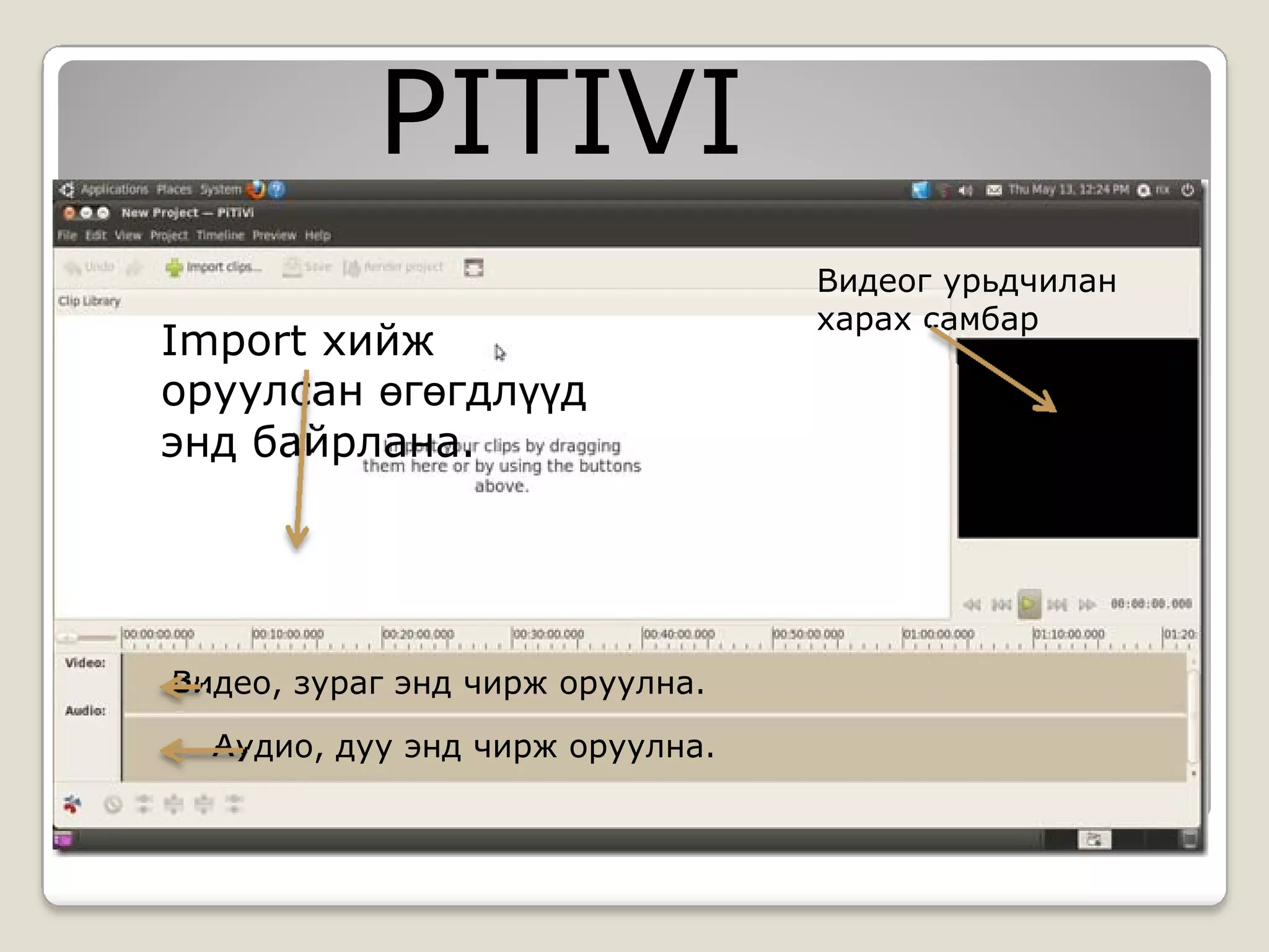 PITIVI
                                 Видеог урьдчилан
                                 харах самбар
Import хийж
оруулсан өгөгдлүүд
энд байрлана.




Видео, зураг энд чирж оруулна.

  Аудио, дуу энд чирж оруулна.
 