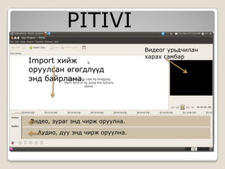 PITIVI
                                 Видеог урьдчилан
                                 харах самбар
Import хийж
оруулсан өгөгдлүүд
энд байрлана.




Видео, зураг энд чирж оруулна.

  Аудио, дуу энд чирж оруулна.
 