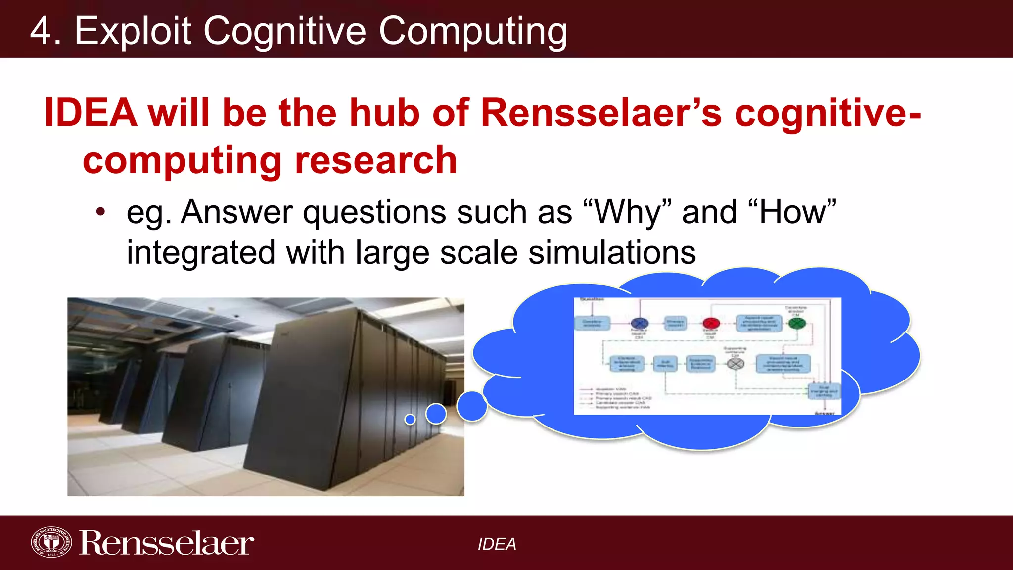 4. Exploit Cognitive Computing
IDEA will be the hub of Rensselaer’s cognitivecomputing research
• eg. Answer questions such as “Why” and “How”
integrated with large scale simulations

IDEA

 
