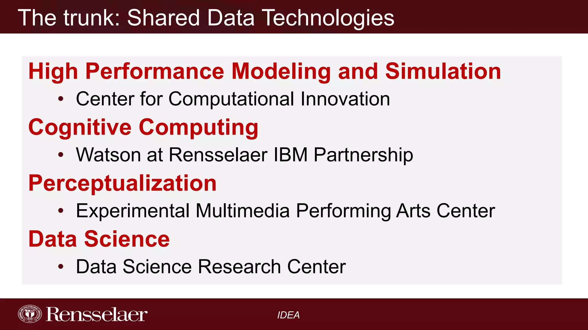 The trunk: Shared Data Technologies
High Performance Modeling and Simulation
• Center for Computational Innovation

Cognitive Computing
• Watson at Rensselaer IBM Partnership

Perceptualization
• Experimental Multimedia Performing Arts Center

Data Science
• Data Science Research Center
IDEA

 