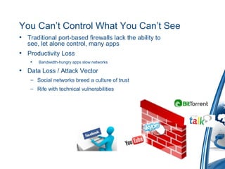 • Traditional port-based firewalls lack the ability to
see, let alone control, many apps
• Productivity Loss
• Bandwidth-hungry apps slow networks
• Data Loss / Attack Vector
– Social networks breed a culture of trust
– Rife with technical vulnerabilities
You Can’t Control What You Can’t See
 