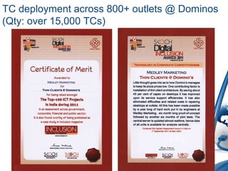 TC deployment across 800+ outlets @ Dominos
(Qty: over 15,000 TCs)
 