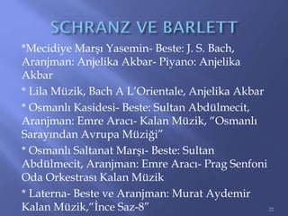 *Mecidiye Marşı Yasemin- Beste: J. S. Bach,
Aranjman: Anjelika Akbar- Piyano: Anjelika
Akbar
* Lila Müzik, Bach A L’Orientale, Anjelika Akbar
* Osmanlı Kasidesi- Beste: Sultan Abdülmecit,
Aranjman: Emre Aracı- Kalan Müzik, “Osmanlı
Sarayından Avrupa Müziği”
* Osmanlı Saltanat Marşı- Beste: Sultan
Abdülmecit, Aranjman: Emre Aracı- Prag Senfoni
Oda Orkestrası Kalan Müzik
* Laterna- Beste ve Aranjman: Murat Aydemir
Kalan Müzik,“İnce Saz-8” 22
 