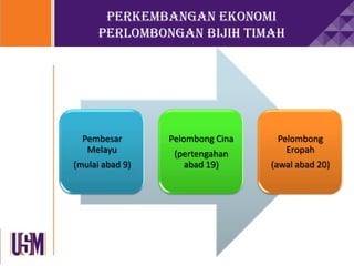 PERKEMBANGAN EKONOMI
PERLOMBONGAN bijih timah
Pembesar
Melayu
(mulai abad 9)
Pelombong Cina
(pertengahan
abad 19)
Pelombong
Eropah
(awal abad 20)
 