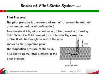 May 24 , 2015
10
Pitot Pressure:
The pitot pressure is a measure of ram air pressure (the total air
pressure created by aircraft motion)
To understand this, let us consider a probe placed in a flowing
fluid. When the fluid flows at a certain velocity, v over the
probe, it will be brought to rest at the nose
known as the stagnation point.
The stagnation pressure of the fluid,
also known as the total pressure or the
pitot pressure.
Bangladesh Airlines Training Center Biman
Basics of Pitot-Static System cntd.
 