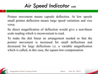 May 24 , 2015
15
Pointer movement means capsule deflection. At low speeds
small pointer deflection means large speed variations and vice
versa.
So direct magnification of deflection would give a non-linear
scale reading which is inconvenient to read.
To make the dial linear an arrangement needed so that the
pointer movement is increased for small deflections and
decreased for large deflections i.e. a variable magnification
which is called, in this case, the square-law-compensation
Bangladesh Airlines Training Center Biman
Air Speed Indicator cntd.
 