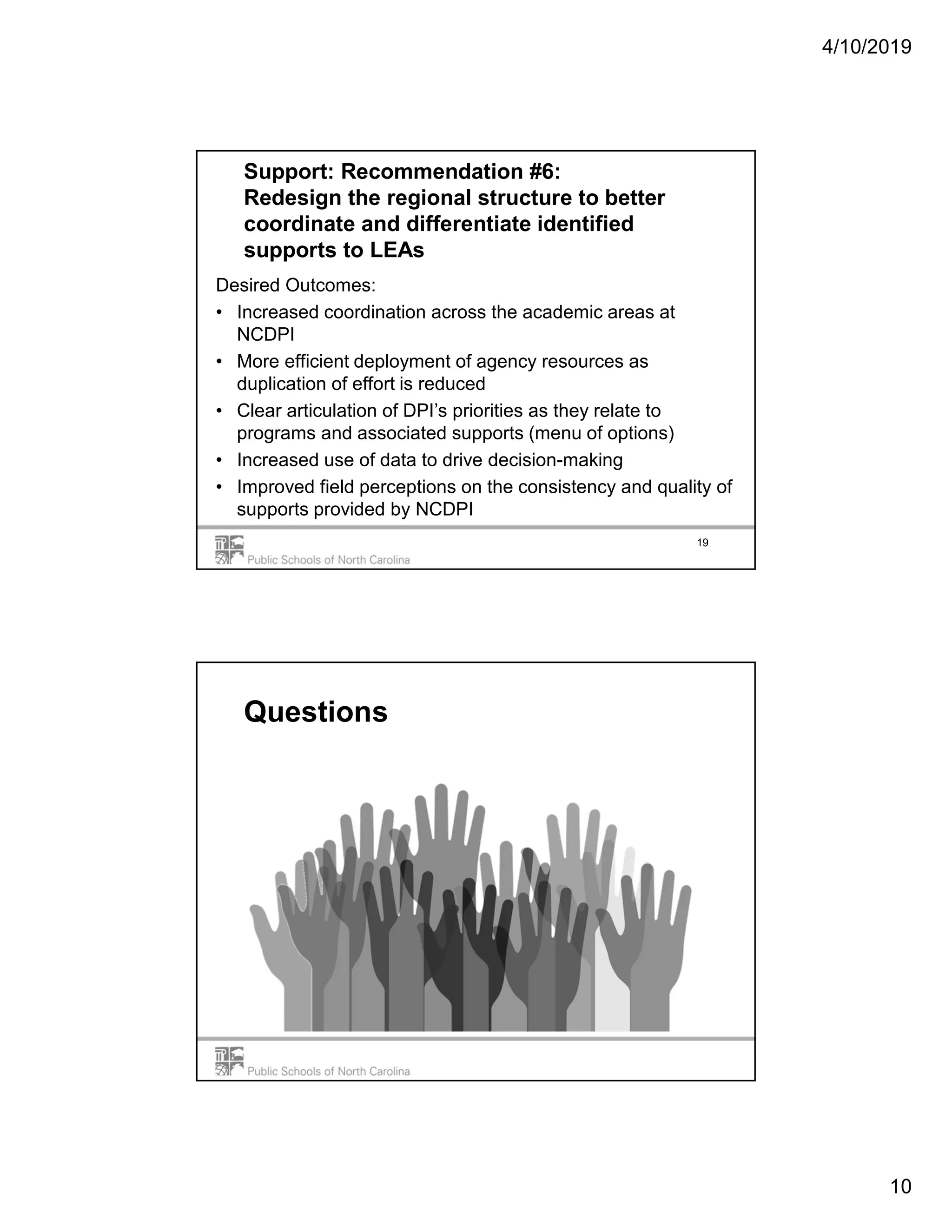 4/10/2019
10
Support: Recommendation #6:
Redesign the regional structure to better
coordinate and differentiate identified
supports to LEAs
Desired Outcomes:
• Increased coordination across the academic areas at
NCDPI
• More efficient deployment of agency resources as
duplication of effort is reduced
• Clear articulation of DPI’s priorities as they relate to
programs and associated supports (menu of options)
• Increased use of data to drive decision-making
• Improved field perceptions on the consistency and quality of
supports provided by NCDPI
19
Questions
 