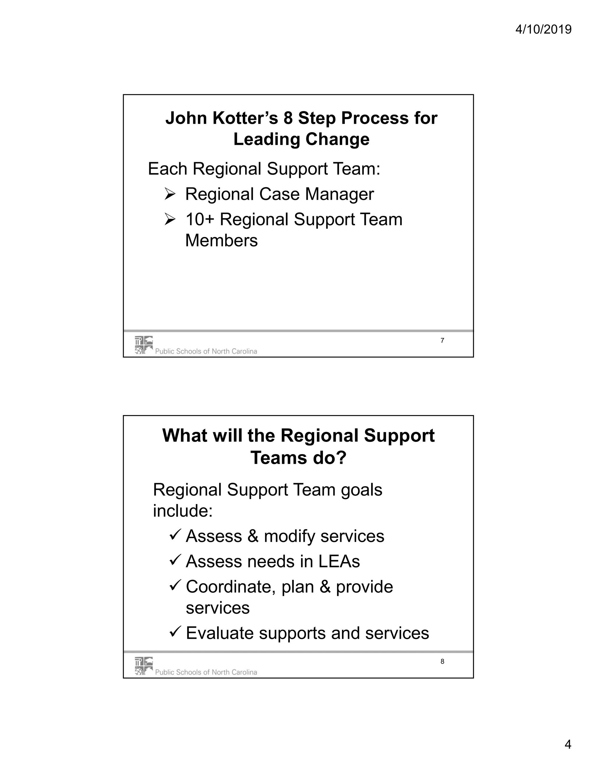 4/10/2019
4
John Kotter’s 8 Step Process for
Leading Change
Each Regional Support Team:
 Regional Case Manager
 10+ Regional Support Team
Members
7
What will the Regional Support
Teams do?
Regional Support Team goals
include:
 Assess & modify services
 Assess needs in LEAs
 Coordinate, plan & provide
services
 Evaluate supports and services
8
 
