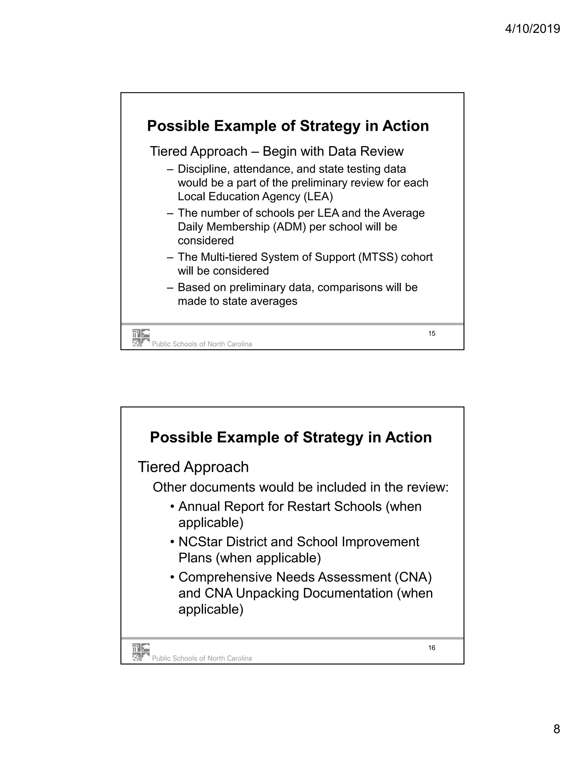 4/10/2019
8
Possible Example of Strategy in Action
Tiered Approach – Begin with Data Review
– Discipline, attendance, and state testing data
would be a part of the preliminary review for each
Local Education Agency (LEA)
– The number of schools per LEA and the Average
Daily Membership (ADM) per school will be
considered
– The Multi-tiered System of Support (MTSS) cohort
will be considered
– Based on preliminary data, comparisons will be
made to state averages
15
Possible Example of Strategy in Action
Tiered Approach
Other documents would be included in the review:
• Annual Report for Restart Schools (when
applicable)
• NCStar District and School Improvement
Plans (when applicable)
• Comprehensive Needs Assessment (CNA)
and CNA Unpacking Documentation (when
applicable)
16
 