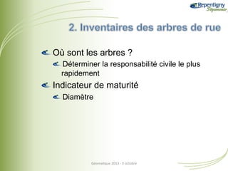 !  Où sont les arbres ?
!  Déterminer la responsabilité civile le plus
rapidement

!  Indicateur de maturité
!  Diamètre

Géoma&que	
  2013	
  -­‐	
  3	
  octobre	
  

 