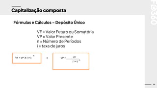 30
Capitalização composta
Fórmulas e Cálculos – Depósito Único
VF = Valor Futuro ou Somatória
VP = Valor Presente
n = Número de Períodos
i = taxa de juros
VF = VP X (1+i) e VP = __________
(1+ i)
VF
n
n
 