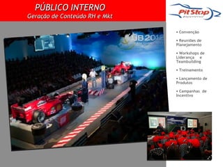 PÚBLICO INTERNO
Geração de Conteúdo RH e Mkt

                               • Convenção

                               • Reuniões de
                               Planejamento

                               • Workshops de
                               Liderança e
                               Teambuilding

                               • Treinamento

                               • Lançamento de
                               Produtos

                               • Campanhas de
                               Incentivo
 