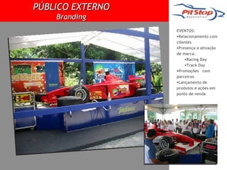 PÚBLICO EXTERNO
    Branding
                  EVENTOS:
                  •Relacionamento com
                  clientes
                  •Presença e ativação
                  de marca:
                       •Racing Day
                       •Track Day
                  •Promoções com
                  parceiros
                  •Lançamento de
                  produtos e ações em
                  ponto de venda
 