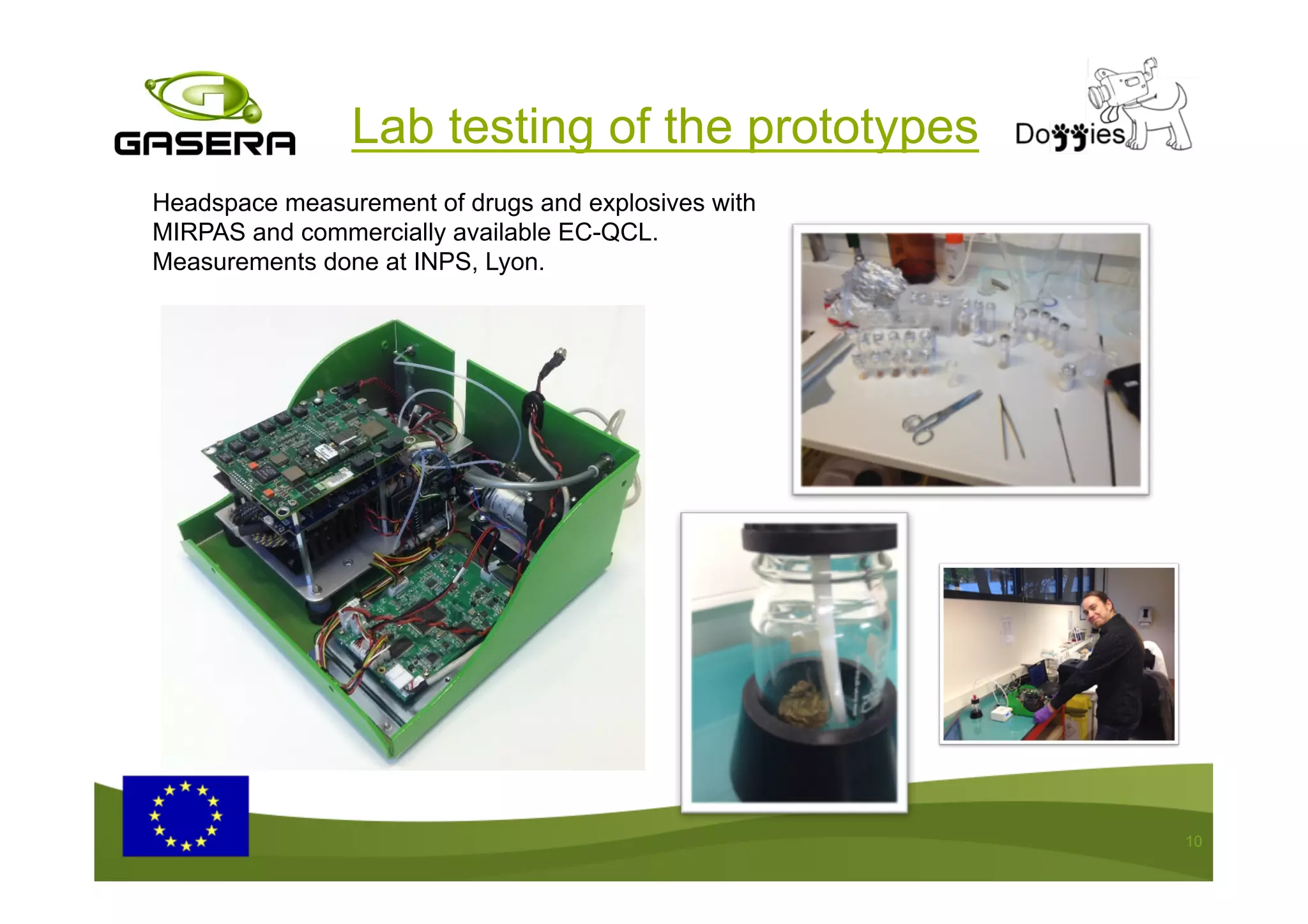 10
Lab testing of the prototypes
Headspace measurement of drugs and explosives with
MIRPAS and commercially available EC-QCL.
Measurements done at INPS, Lyon.
 
