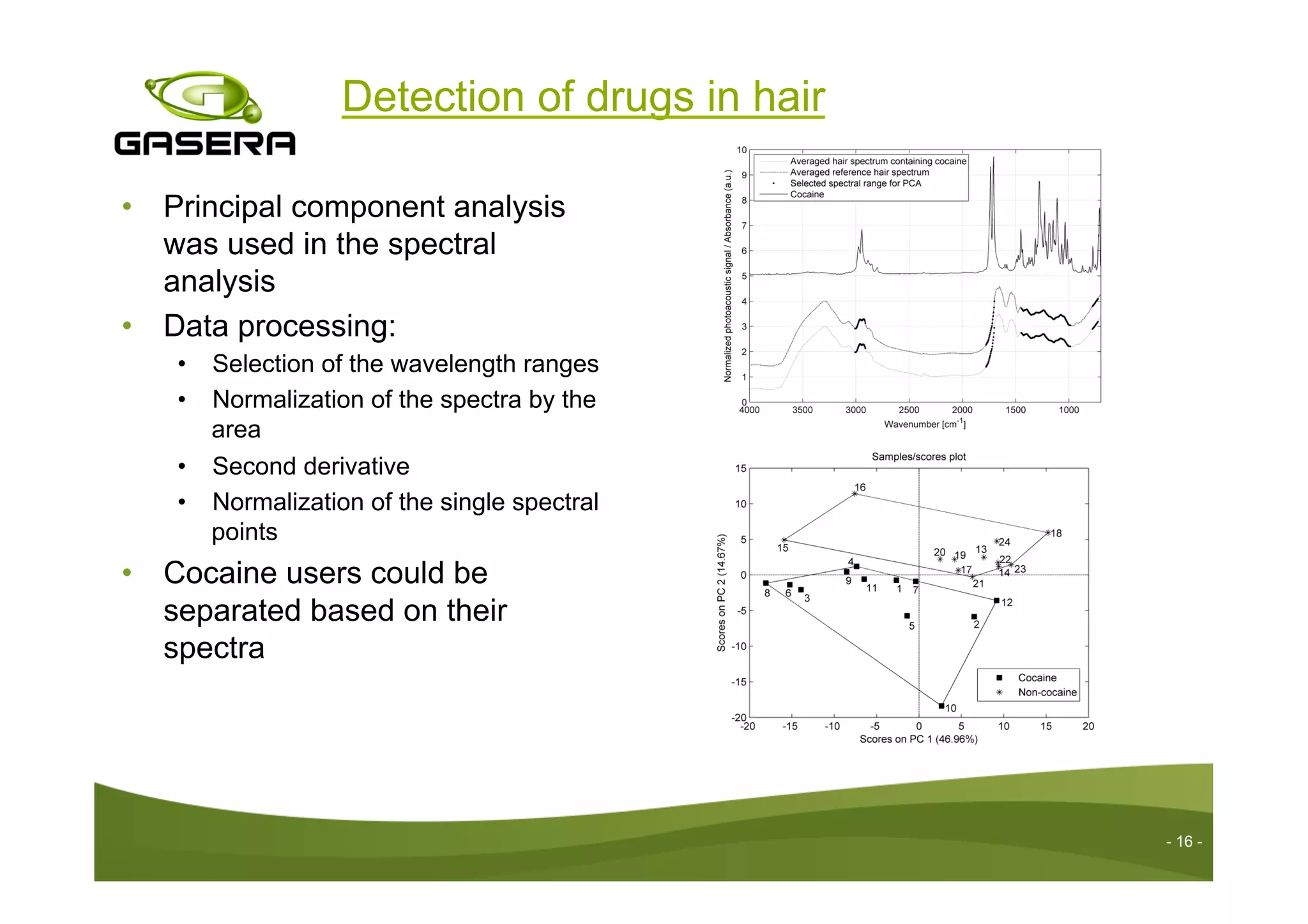 - 16 -
Detection of drugs in hair
•  Principal component analysis
was used in the spectral
analysis
•  Data processing:
•  Selection of the wavelength ranges
•  Normalization of the spectra by the
area
•  Second derivative
•  Normalization of the single spectral
points
•  Cocaine users could be
separated based on their
spectra
 