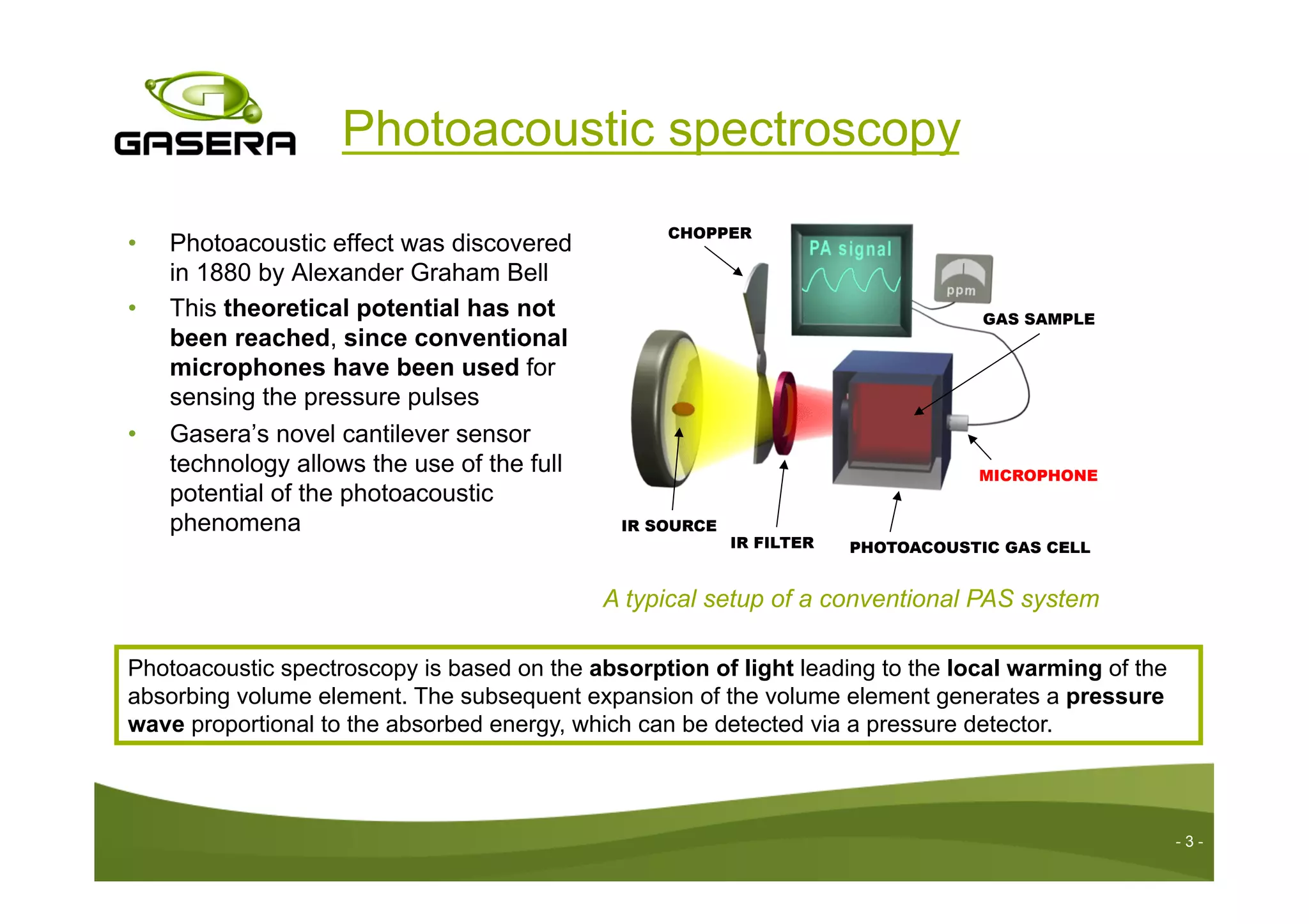 •  Photoacoustic effect was discovered
in 1880 by Alexander Graham Bell
•  This theoretical potential has not
been reached, since conventional
microphones have been used for
sensing the pressure pulses
•  Gasera’s novel cantilever sensor
technology allows the use of the full
potential of the photoacoustic
phenomena
Photoacoustic spectroscopy is based on the absorption of light leading to the local warming of the
absorbing volume element. The subsequent expansion of the volume element generates a pressure
wave proportional to the absorbed energy, which can be detected via a pressure detector.
Photoacoustic spectroscopy
PHOTOACOUSTIC GAS CELL
IR SOURCE
MICROPHONE
IR FILTER
CHOPPER
A typical setup of a conventional PAS system
GAS SAMPLE
- 3 -
 