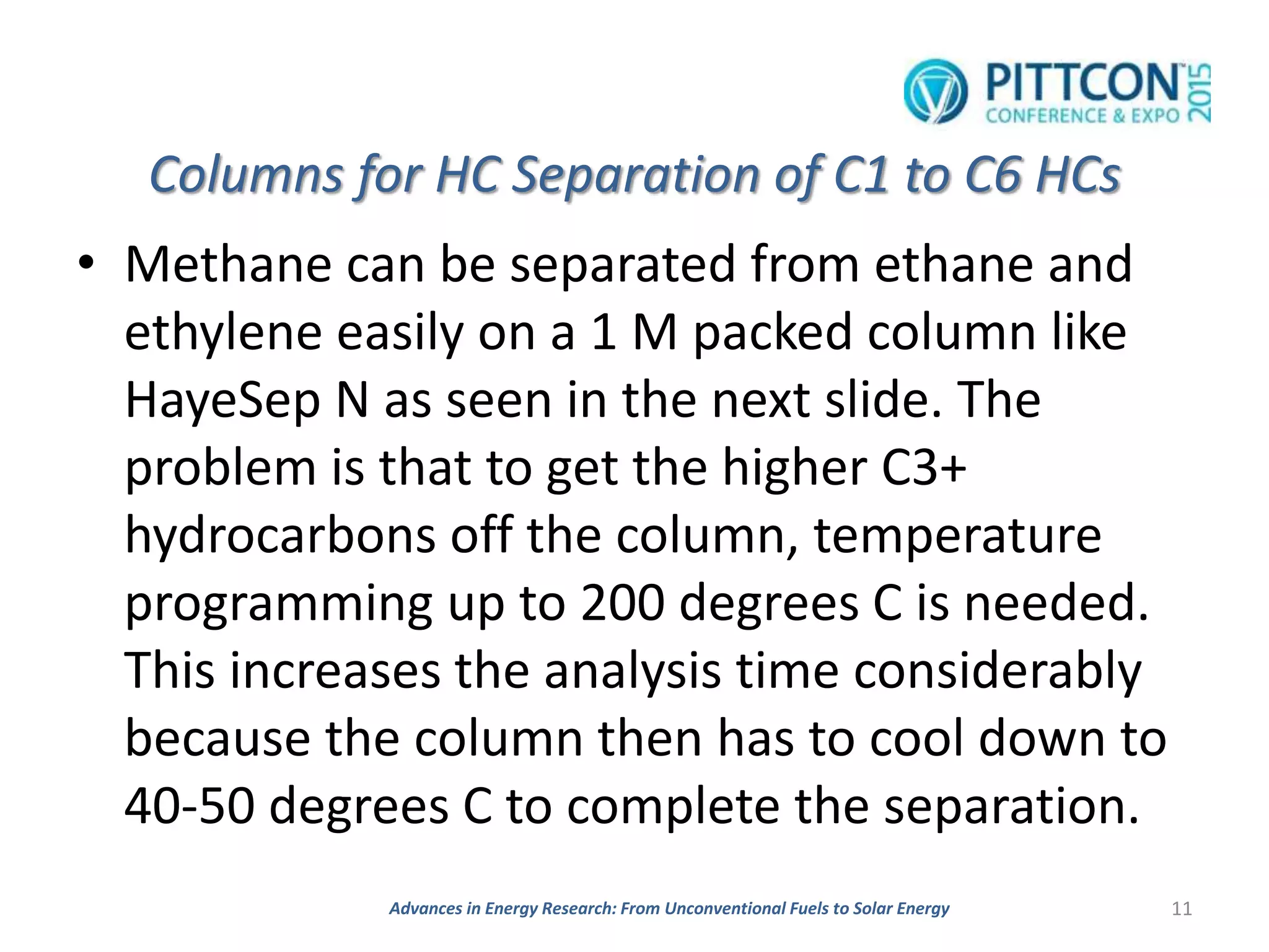 Columns for HC Separation of C1 to C6 HCs
• Methane can be separated from ethane and
ethylene easily on a 1 M packed column like
HayeSep N as seen in the next slide. The
problem is that to get the higher C3+
hydrocarbons off the column, temperature
programming up to 200 degrees C is needed.
This increases the analysis time considerably
because the column then has to cool down to
40-50 degrees C to complete the separation.
11Advances in Energy Research: From Unconventional Fuels to Solar Energy
 