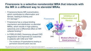 Finerenone is a selective nonsteroidal MRA that interacts with
the MR in a different way to steroidal MRAs
DNA, deoxyribonucleic acid; MR, mineralocorticoid receptor; MRA, mineralocorticoid receptor antagonist
1. Agarwal R, et al. Eur Heart J 2021;42:152–161; 2. Agarwal R, et al. Nephrol Dial Transplant 2020; doi: 10.1093/ndt/gfaa294; 3. Bakris GB, et al. N Engl J Med 2020;383:2219–2229
3
• Finerenone blocks MR overactivation,
which contributes to inflammation and
fibrosis, leading to kidney and
CV damage1,2
• Finerenone has a unique binding
mechanism and distribution vs steroidal
MRAs, which results in high potency,
selectivity and a differential effect on MR
cofactor binding1,2
• In FIDELIO-DKD, finerenone slowed CKD
progression and improved CV outcomes
in patients with CKD and T2D3
– The incidence of hyperkalaemia leading to
permanent discontinuation was low
Finerenone
MR
DNA
Inhibition of
inflammation and
fibrosis
Modest effects on
blood pressure
 