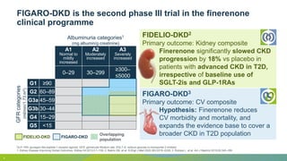 FIGARO-DKD is the second phase III trial in the finerenone
clinical programme
4
GLP-1RA, glucagon-like peptide-1 receptor agonist; GFR, glomerular filtration rate; SGLT-2i, sodium-glucose co-transporter-2 inhibitor
1. Kidney Disease Improving Global Outcomes. Kidney Int 2013;3:1–150; 2. Bakris GB, et al. N Engl J Med 2020;383:2219–2229; 3. Ruilope L, et al. Am J Nephrol 2019;50:345–356
Albuminuria categories1
(mg albumin/g creatinine)
A1
Normal to
mildly
increased
A2
Moderately
increased
A3
Severely
increased
0–29 30–299
≥300–
≤5000
GFR
categories
(ml/min/1.73
m
2
)
G1 ≥90
G2 60–89
G3a 45–59
G3b 30–44
G4 15–29
G5 <15
FIDELIO-DKD2
Primary outcome: Kidney composite
Finerenone significantly slowed CKD
progression by 18% vs placebo in
patients with advanced CKD in T2D,
irrespective of baseline use of
SGLT-2is and GLP-1RAs
FIGARO-DKD3
Primary outcome: CV composite
Hypothesis: Finerenone reduces
CV morbidity and mortality, and
expands the evidence base to cover a
broader CKD in T2D population
Overlapping
population
FIGARO-DKD
FIDELIO-DKD
 