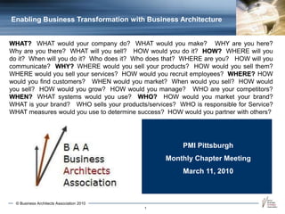 © Business Architects Association 2010
1
PMI Pittsburgh
Monthly Chapter Meeting
March 11, 2010
Enabling Business Transformation with Business Architecture
WHAT? WHAT would your company do? WHAT would you make? WHY are you here?
Why are you there? WHAT will you sell? HOW would you do it? HOW? WHERE will you
do it? When will you do it? Who does it? Who does that? WHERE are you? HOW will you
communicate? WHY? WHERE would you sell your products? HOW would you sell them?
WHERE would you sell your services? HOW would you recruit employees? WHERE? HOW
would you find customers? WHEN would you market? When would you sell? HOW would
you sell? HOW would you grow? HOW would you manage? WHO are your competitors?
WHEN? WHAT systems would you use? WHO? HOW would you market your brand?
WHAT is your brand? WHO sells your products/services? WHO is responsible for Service?
WHAT measures would you use to determine success? HOW would you partner with others?
 