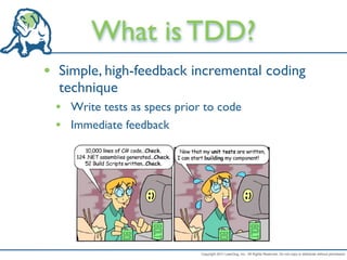 What is TDD?
• Simple, high-feedback incremental coding
  technique
 • Write tests as specs prior to code
 • Immediate feedback




                             Copyright 2011 LeanDog, Inc. All Rights Reserved. Do not copy or distribute without permission.
 