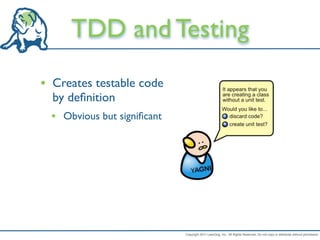 TDD and Testing
• Creates testable code
  by deﬁnition
  • Obvious but signiﬁcant




                             Copyright 2011 LeanDog, Inc. All Rights Reserved. Do not copy or distribute without permission.
 