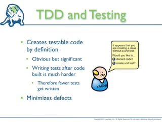 TDD and Testing
• Creates testable code
  by deﬁnition
  • Obvious but signiﬁcant
  • Writing tests after code
    built is much harder
    • Therefore fewer tests
       get written

• Minimizes defects

                               Copyright 2011 LeanDog, Inc. All Rights Reserved. Do not copy or distribute without permission.
 