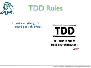 TDD Rules
• Test everything that
  could possibly break




                         Copyright 2011 LeanDog, Inc. All Rights Reserved. Do not copy or distribute without permission.
 
