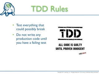 TDD Rules
• Test everything that
  could possibly break
• Do not write any
  production code until
  you have a failing test




                            Copyright 2011 LeanDog, Inc. All Rights Reserved. Do not copy or distribute without permission.
 