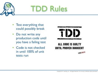 TDD Rules
• Test everything that
  could possibly break
• Do not write any
  production code until
  you have a failing test
• Code is not checked
  in until 100% of unit
  tests run



                            Copyright 2011 LeanDog, Inc. All Rights Reserved. Do not copy or distribute without permission.
 